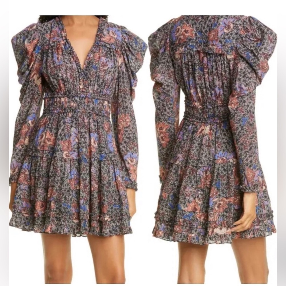 Ulla Johnson Julie Dress Floral Puff Shoulder Long Sleeve Cotton Viscose 12 Sz